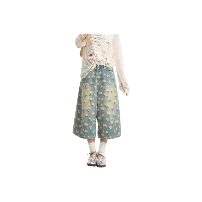 T IRA Denim Shorts Unisex Floral Blue-0