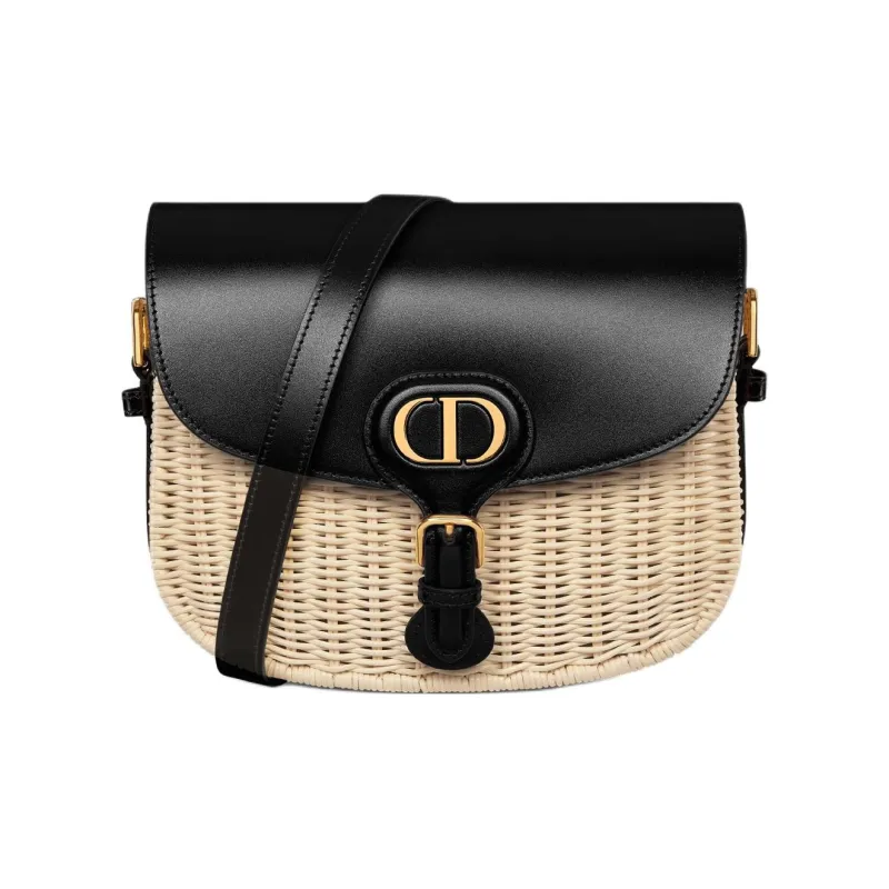 DIOR Bobby Rattan With Calfskin Crossbody Bag, Shoulder Bag Medium Size Women's Natural & Black-0
