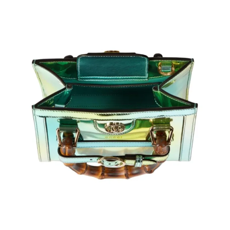 GUCCI Diana Mirror Finish Leather Tote Bag Shopping Bag Shoulder Bag Handbag Mini Women's Green Multicolor-5