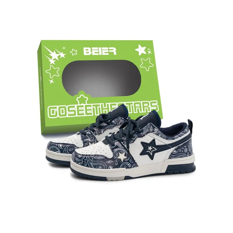 BEIER Stars Collection Durable Lightweight And Breathable Low Top Skateboard Shoes Unisex Black White-36