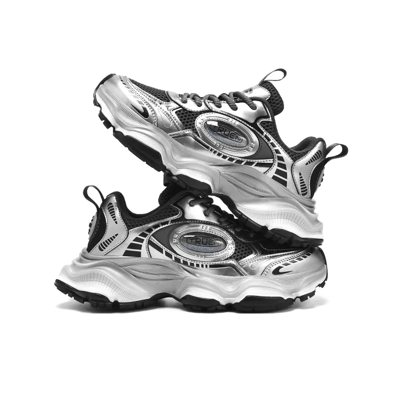 ZHENEN Height Increasing Low-Top Chunky Sneakers Unisex Silver Black-2