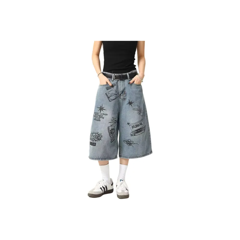 T IRA Denim Shorts Unisex Graffiti Blue-0