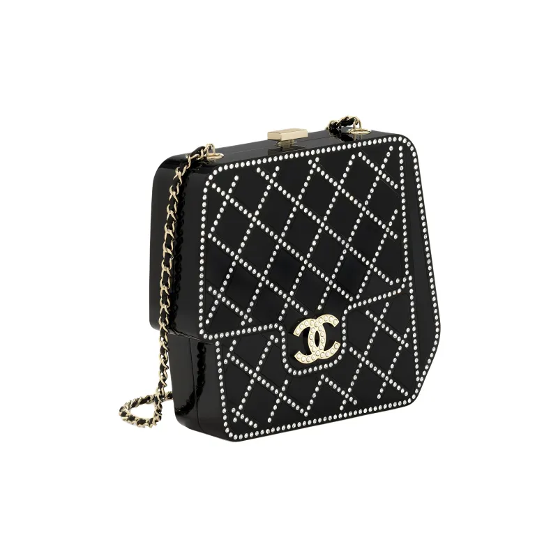 CHANEL Glossy Leather Evening Bag, Square Box Clutch, Shoulder Bag, Crossbody Bag Regular Women's Black-2