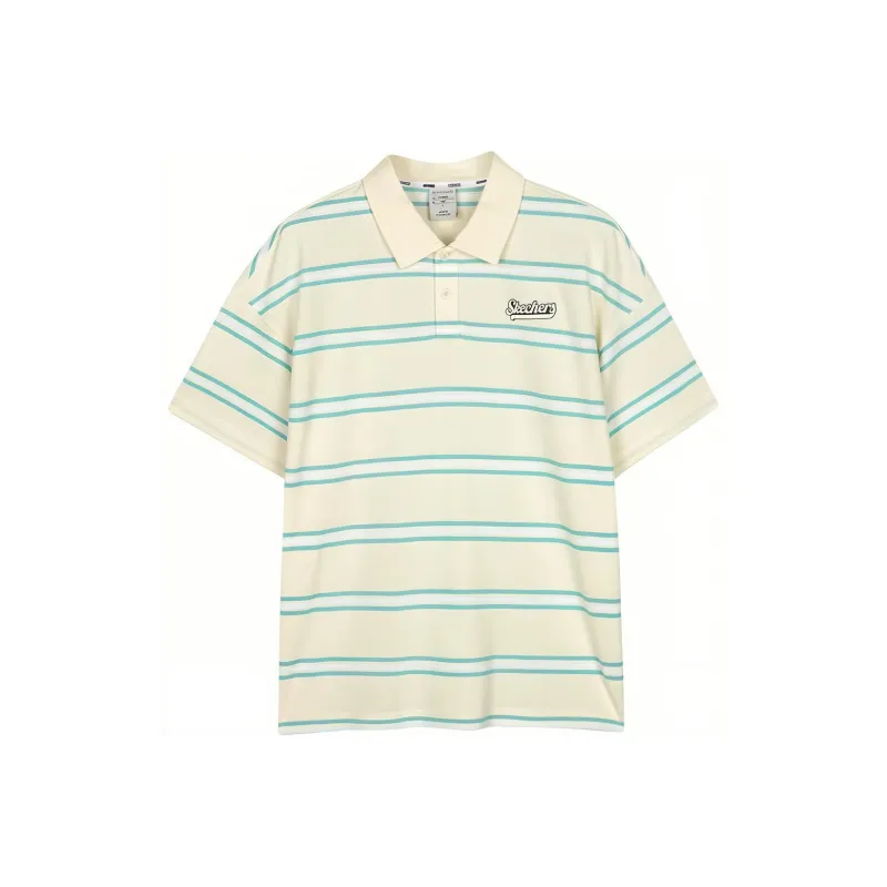 Skechers Colorful Polo Shirt Men's Cream White With Light Green Stripes-0