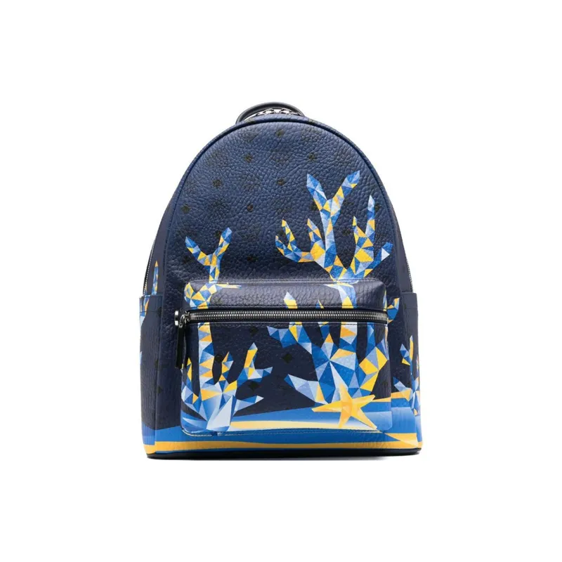 MCM Stark Visetos Canvas Backpack Medium Size Men's Blue-0