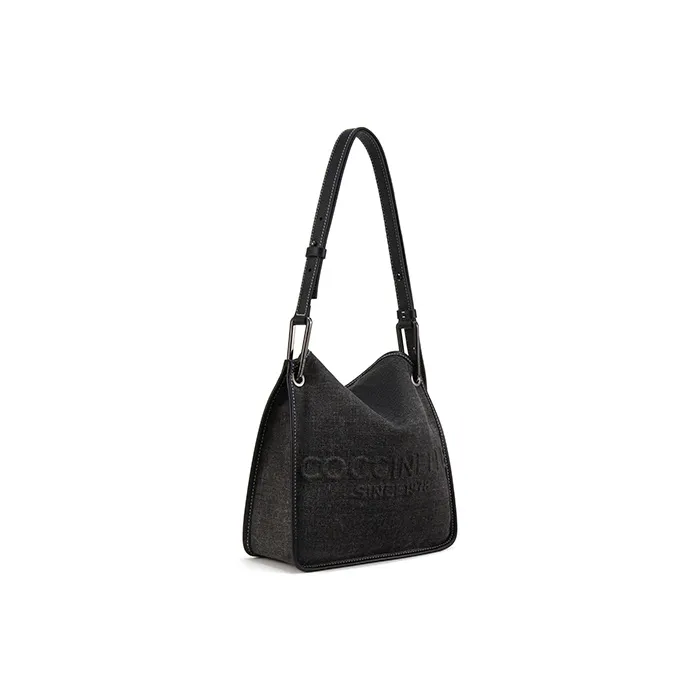 COCCINELLE Fabric Cow Leather Patchwork Pageboy Bag Tote Bag Shopping Bag Shoulder Bag Small Size Unisex Black-2