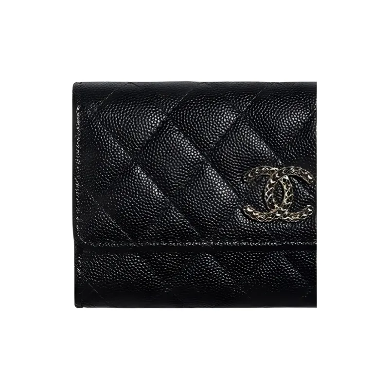 CHANEL Litchi Grain Cow Leather Coin Purse Card Holder Wallet Regular Women's Black-2