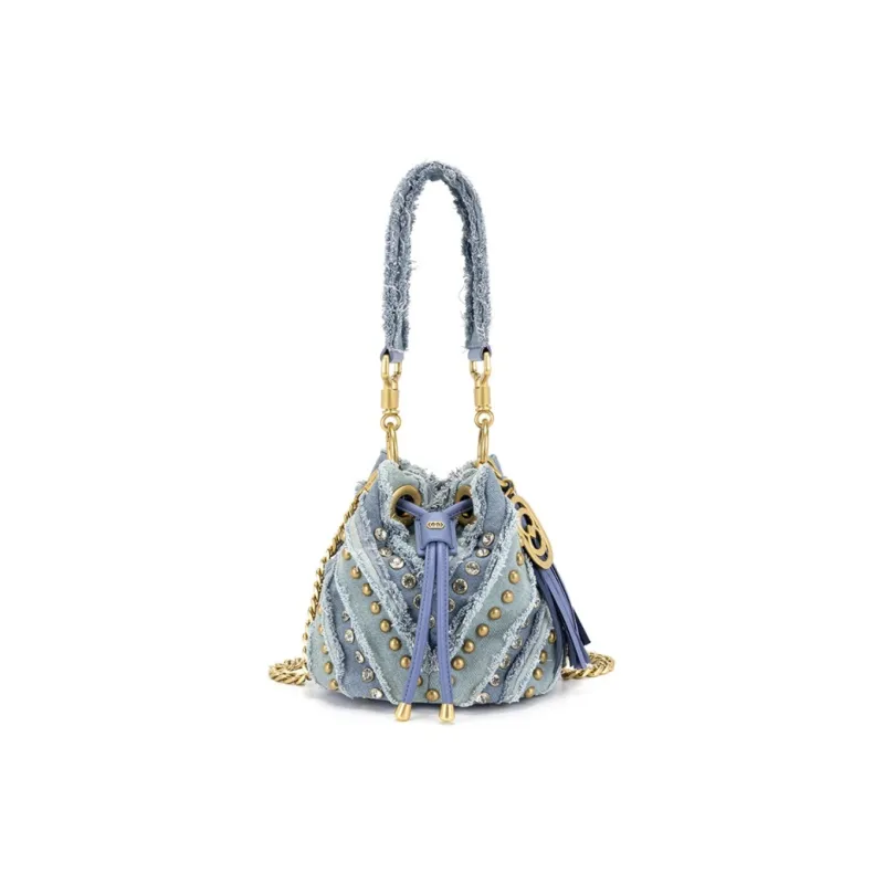 La Carrie Denim Bucket Bag, One Shoulder Handbag Medium Size Women's Blue-0