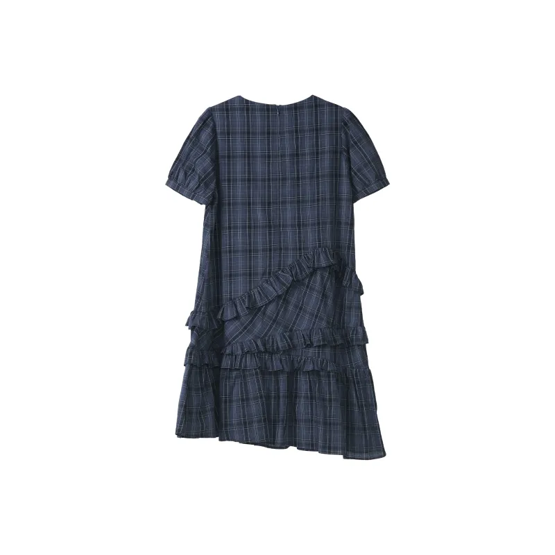 Fstudio Scottish Vintage Irregular Short Sleeved Dress Women's Navy Blue-2
