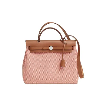 HERMES Herbag Zip Criss Viking Canvas With Hunter Cow Leather One Shoulder Handbag Women's Red & Brown