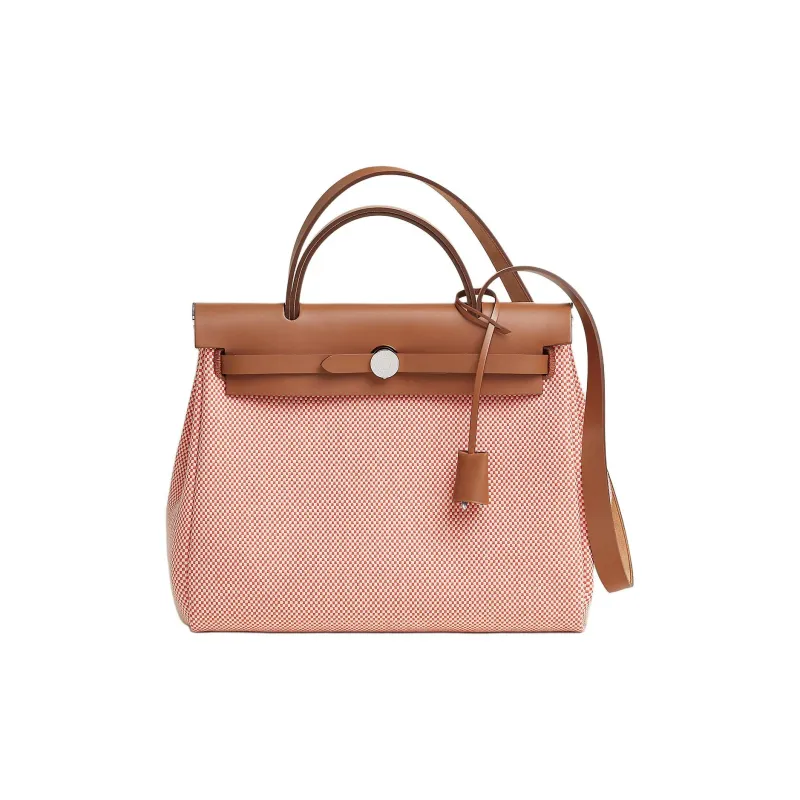 HERMES Herbag Zip Criss Viking Canvas With Hunter Cow Leather One Shoulder Handbag Women's Red & Brown-0