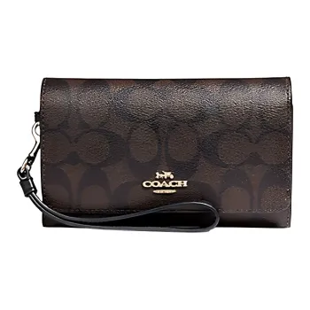 COACH Canvas With Leather Wallet With Cell Phone Pouch Small Size Women's Dark Brown