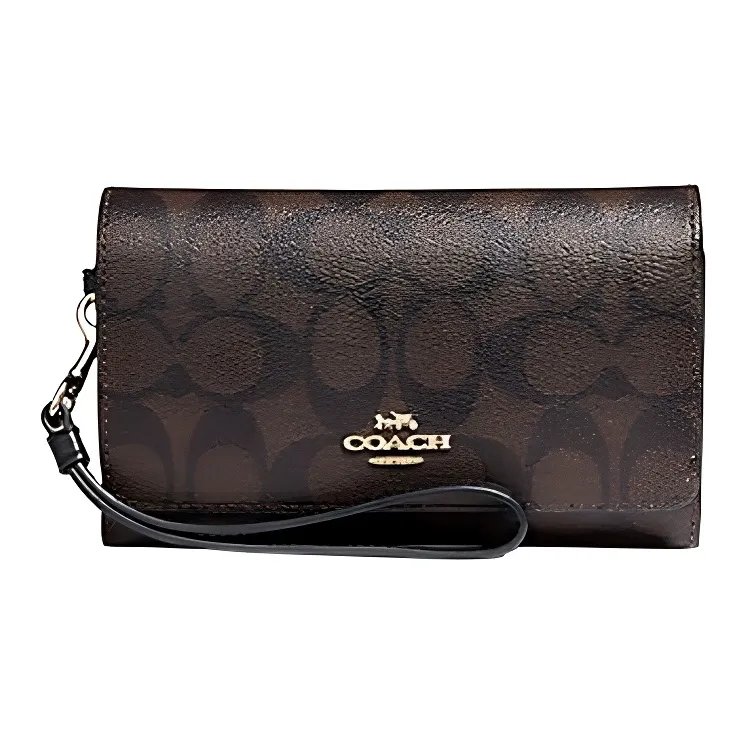 COACH Canvas With Leather Wallet With Cell Phone Pouch Small Size Women's Dark Brown-0