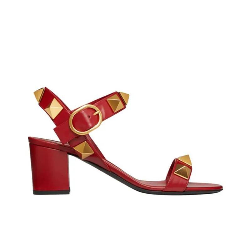 Valentino Roman Stud Block Heel Strap Sandals 6cm Women's Red-1