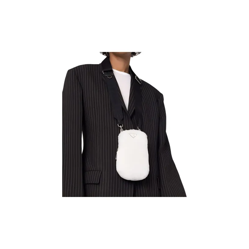 PRADA Nylon With Cotton Faux Fur Shoulder Bag Mini Women's White-5