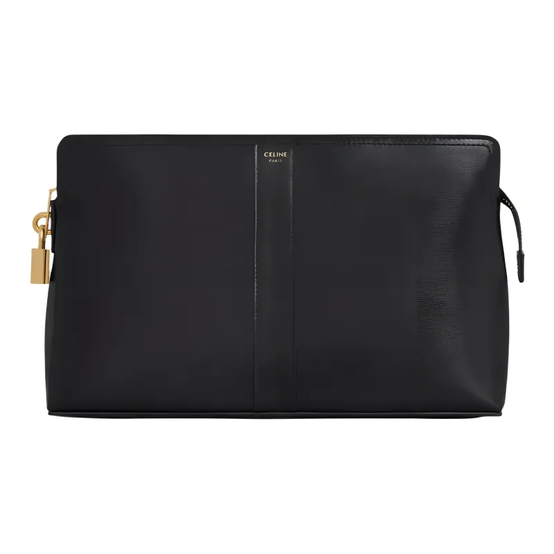 CELINE Shiny Cow Leather Travel Bag Clutch Storage Bag Toiletry Bag Women's Black-0