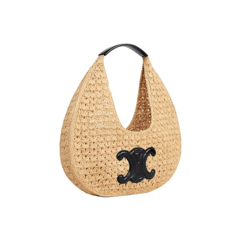 CELINE Classic Panier Series Plant Material With Cow Leather Binding Hobo Bag, Handbag Women's Natural & Black-1
