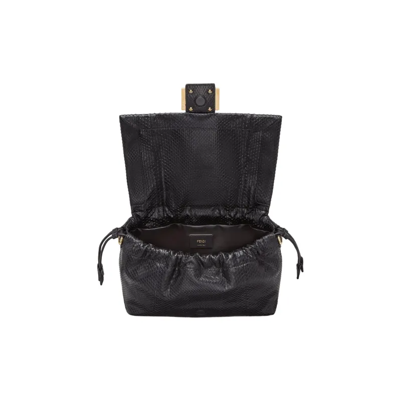 FENDI Baguette Leather Handbag Shoulder Bag Medium Size Women's Black-3