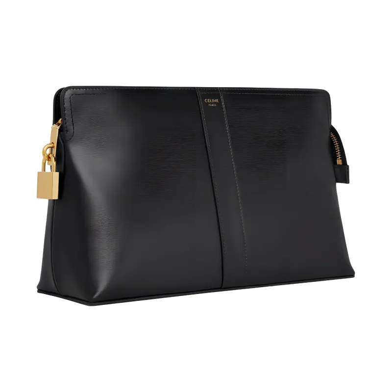 CELINE Shiny Cow Leather Travel Bag Clutch Storage Bag Toiletry Bag Women's Black-2