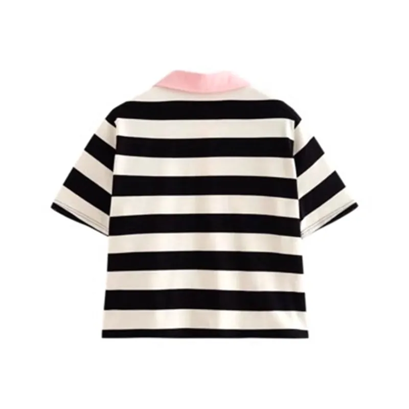 Initial Language T-Shirt Women's Black Beige Stripe-1
