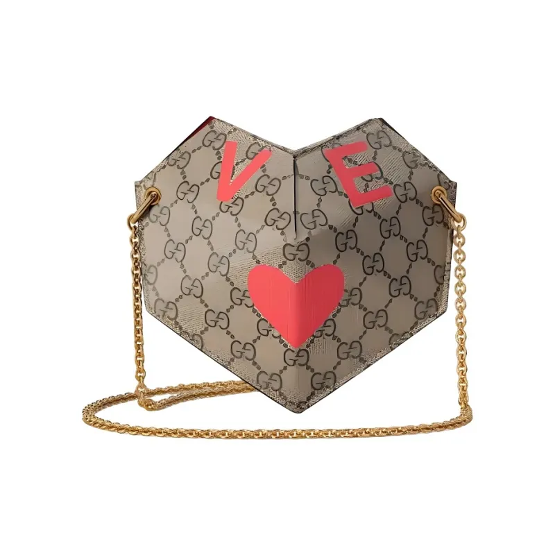 GUCCI GG Supreme Canvas With Leather Heart Shaped Bag, Crossbody Bag, Shoulder Bag Small Size Women's Beige & Ebony-1