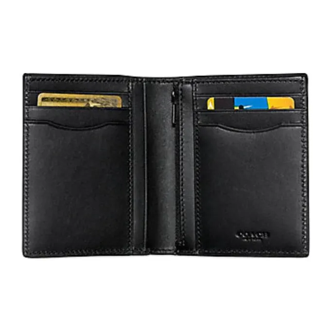 COACH Cross Grain Leather Coin Wallet, Foldable Card Holder Mini Men's Black-1