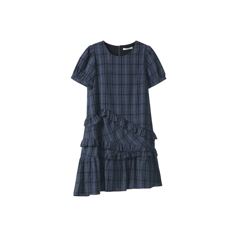 Fstudio Scottish Vintage Irregular Short Sleeved Dress Women's Navy Blue-1