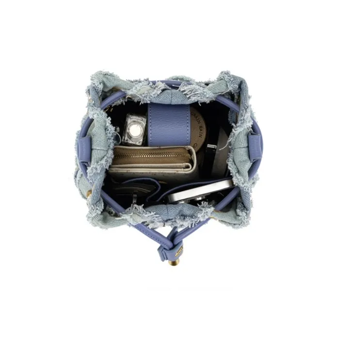 La Carrie Denim Bucket Bag, One Shoulder Handbag Medium Size Women's Blue-3