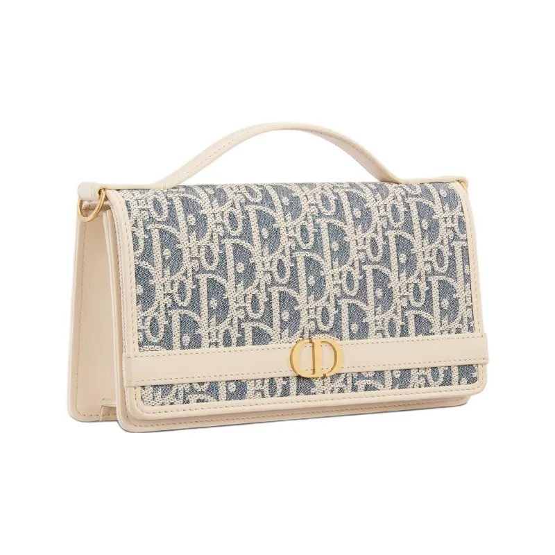 DIOR 30 Montaigne Cigale Cotton With Calfskin Shoulder Bag, Crossbody Bag, Handbag Women's Blue & Light Cookie Brown-2