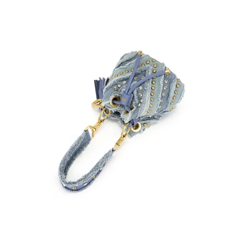 La Carrie Denim Bucket Bag, One Shoulder Handbag Medium Size Women's Blue-2