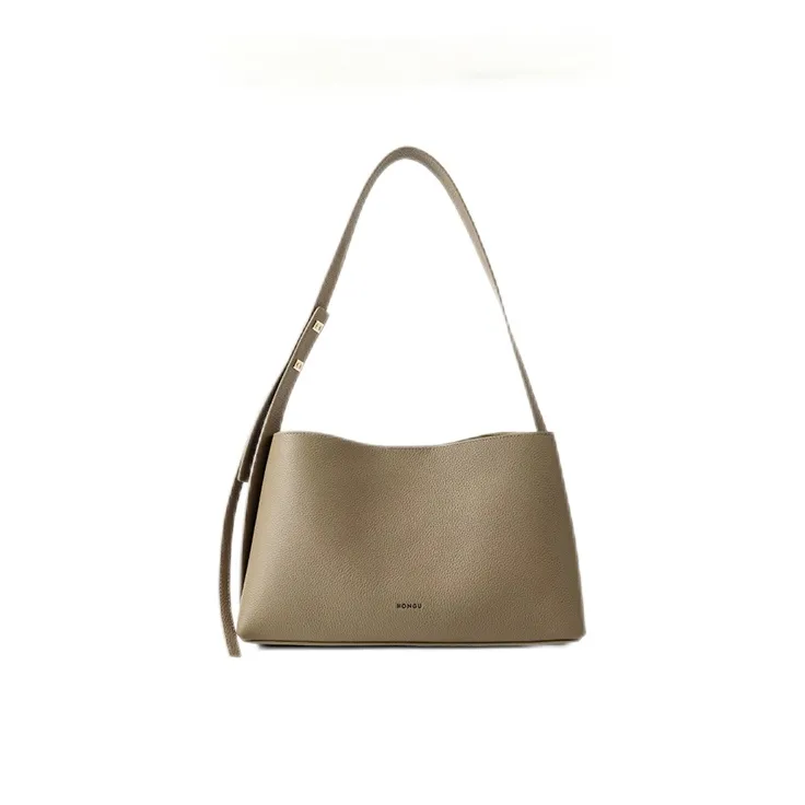 HONGU Cow Leather Shoulder Bag For Commute To Work Medium Size Women's Elephant Gray/Ecru-0