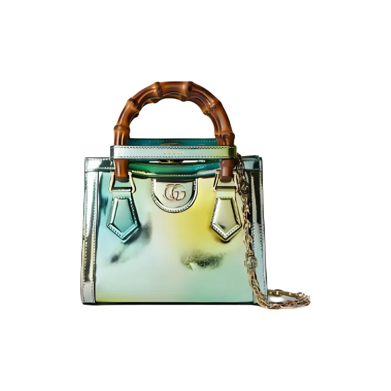 GUCCI Diana Mirror Finish Leather Tote Bag Shopping Bag Shoulder Bag Handbag Mini Women's Green Multicolor-2