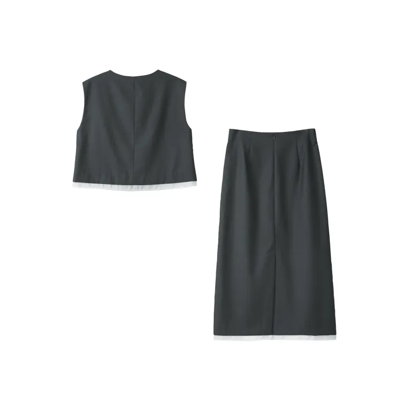 Fstudio Korean Style Versatile Elegance Crew Neck Color Block Fashion Skirt Set Women's-2
