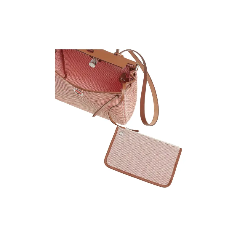 HERMES Herbag Zip Criss Viking Canvas With Hunter Cow Leather One Shoulder Handbag Women's Red & Brown-3