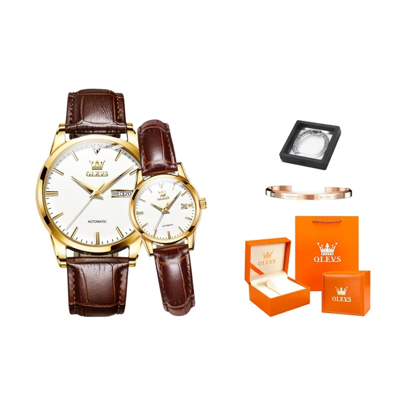 OLEVS Heart to Heart Knot Collection Mechanical Movement Leather Strap Watch Unisex White Dial-0