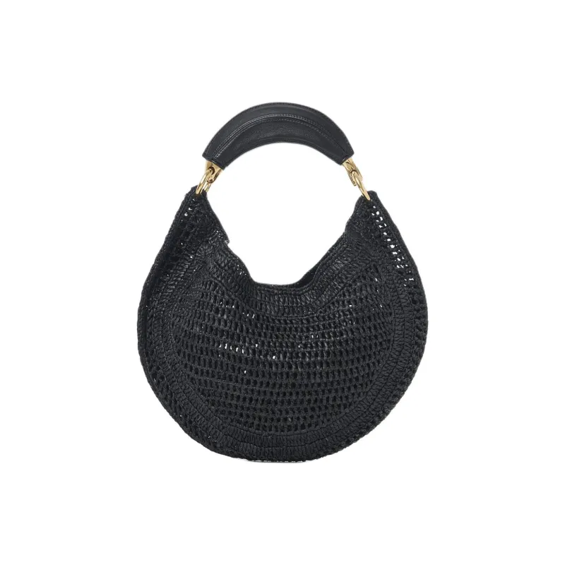 Chloe Raffia Crescent Bag, Handbag, Shoulder Bag Women's Black-2