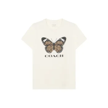 COACH Logo Letter Butterfly Print Crew Neck Short Sleeved T Shirt T Shirt Women's Cream