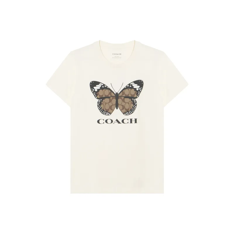 COACH Logo Letter Butterfly Print Crew Neck Short Sleeved T Shirt T Shirt Women's Cream-0