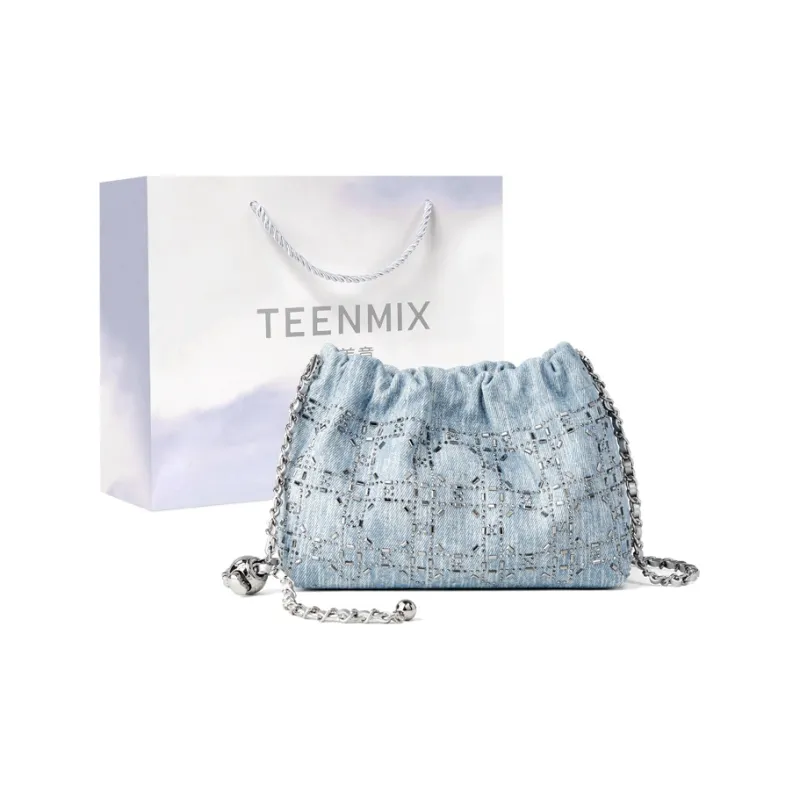 Teenmix Fabric With Cow Leather Shoulder Bag Women's Blue-0
