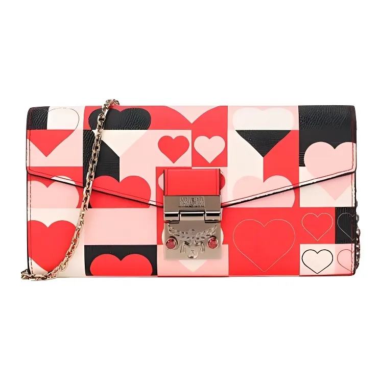 MCM Patricia Visetos Valentine Leather Wallet, Crossbody Bag Large Size Women's Red-0