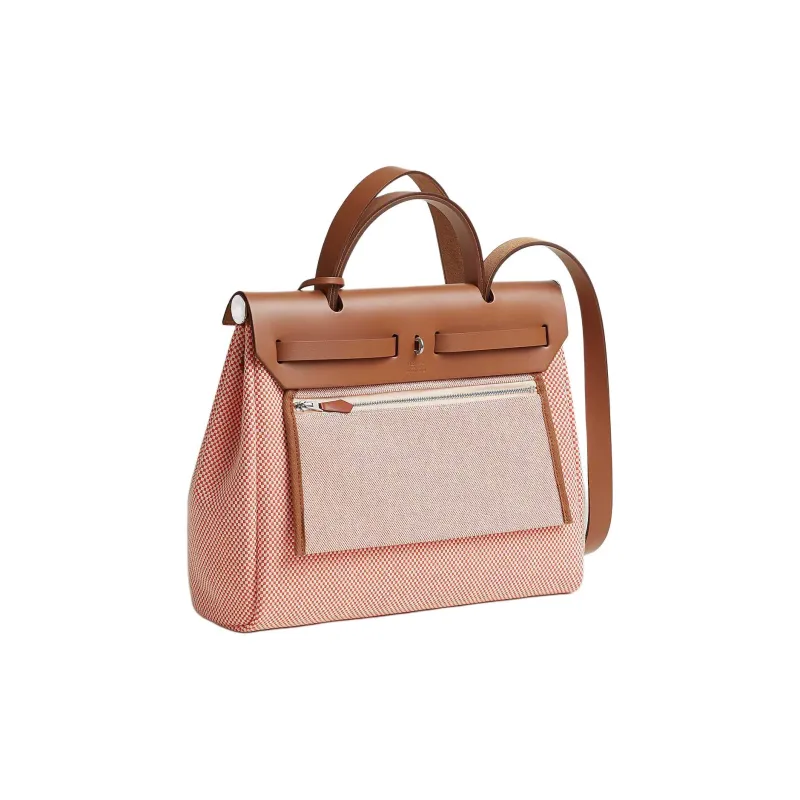 HERMES Herbag Zip Criss Viking Canvas With Hunter Cow Leather One Shoulder Handbag Women's Red & Brown-2