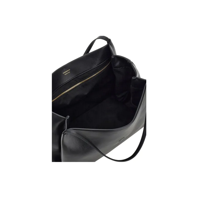FERRAGAMO GANCINI Calfskin Tote Bag Shopping Bag Handbag Medium Size Women's Black-3