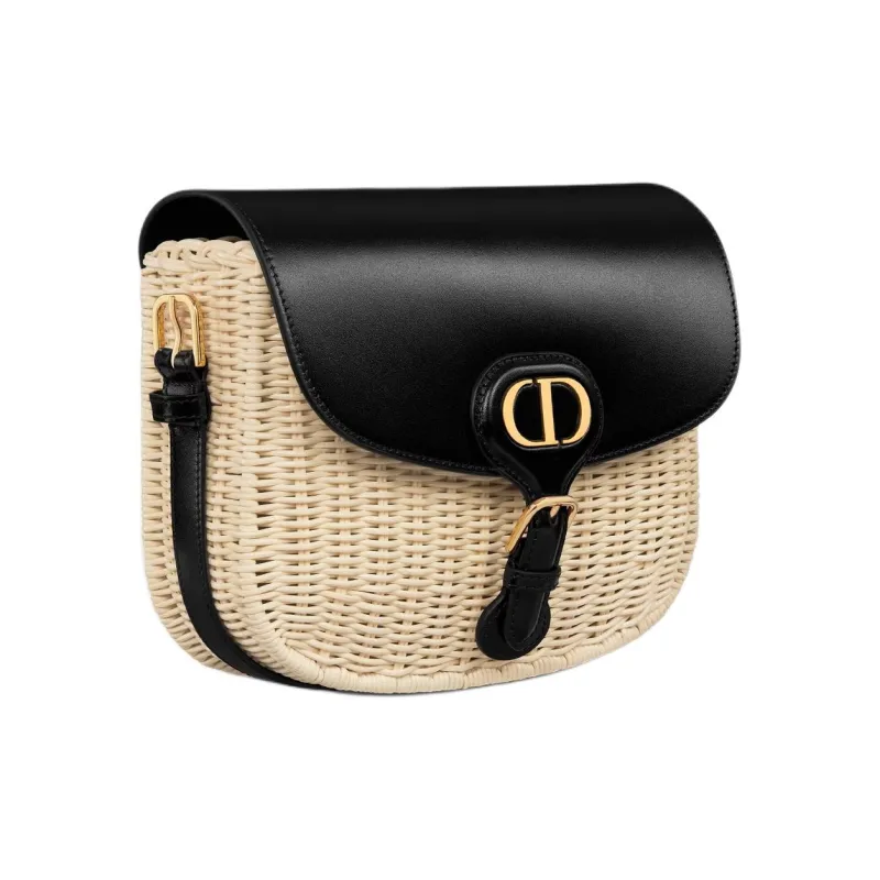 DIOR Bobby Rattan With Calfskin Crossbody Bag, Shoulder Bag Medium Size Women's Natural & Black-2