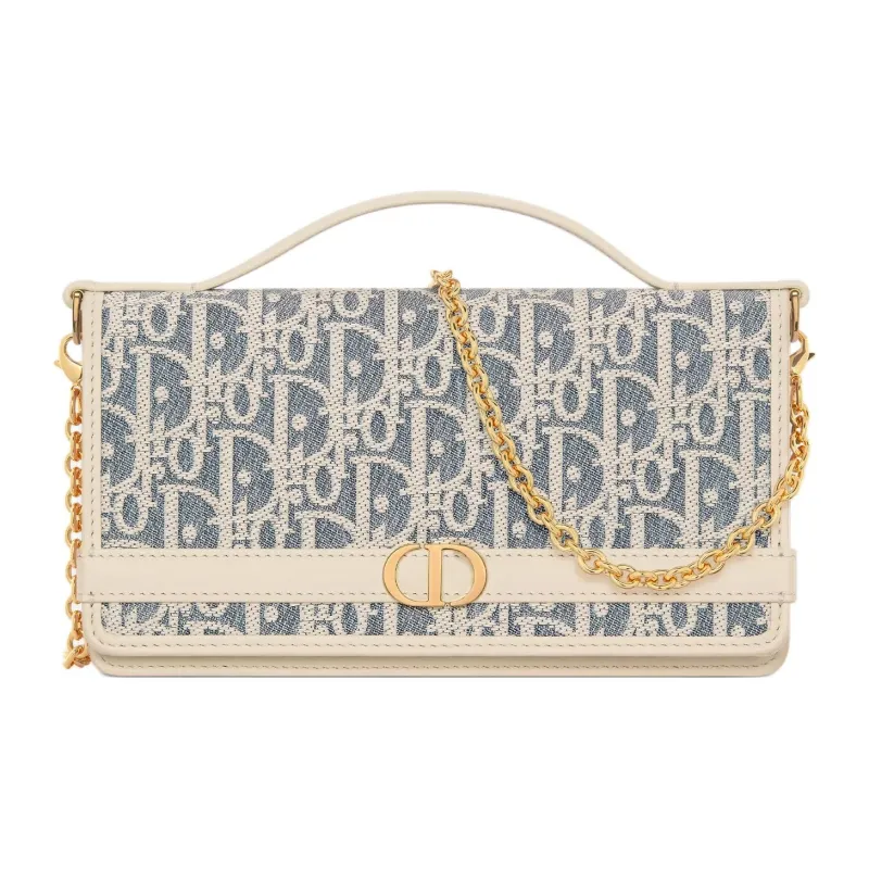 DIOR 30 Montaigne Cigale Cotton With Calfskin Shoulder Bag, Crossbody Bag, Handbag Women's Blue & Light Cookie Brown-0