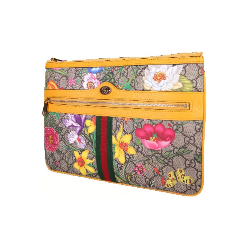 GUCCI Ophidia Canvas With Leather Clutch Large Size Women's Ebony & Yellow & Multicolor-2