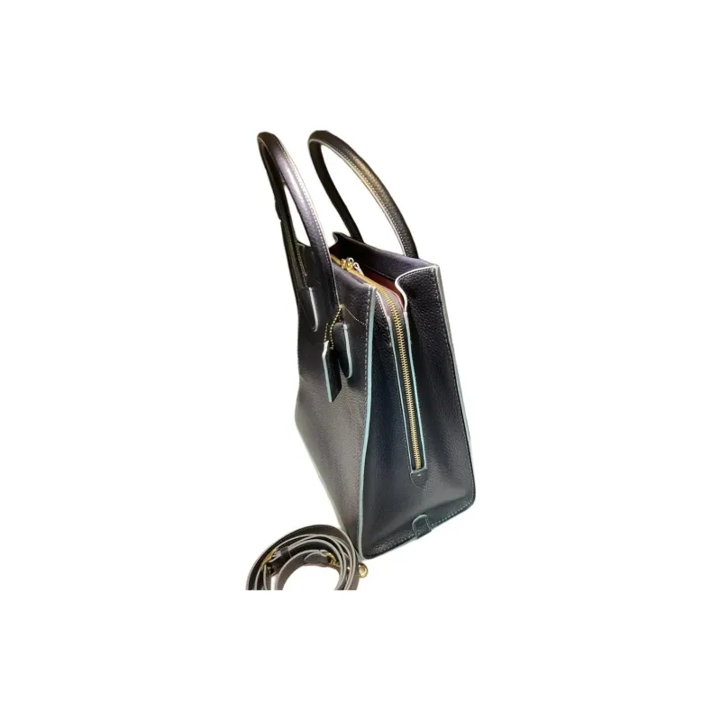 COACH Cashin Leather Tote Bag, Shopping Bag, Handbag, Shoulder Bag Women's Brass & Midnight Marine Blue-2