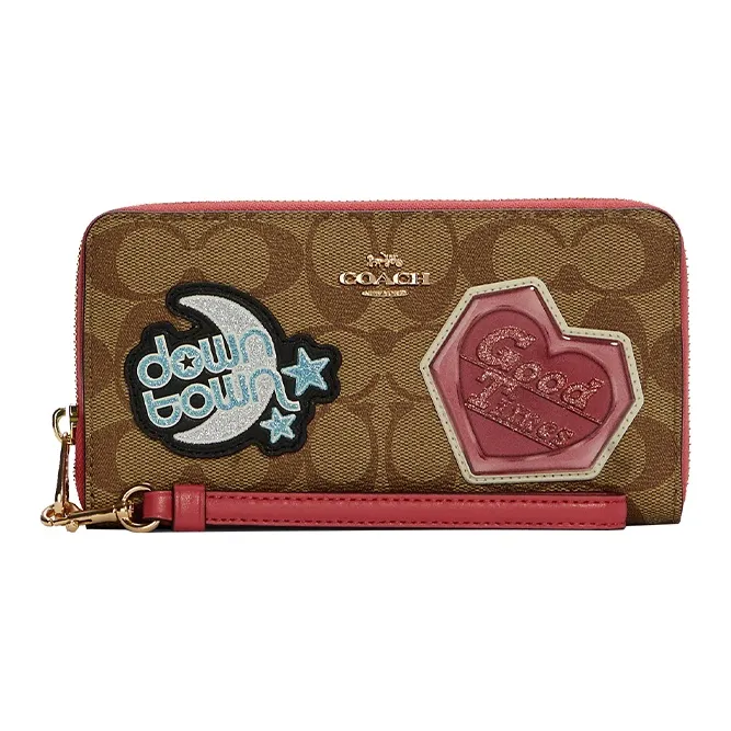 COACH Zip Around Canvas Leather Clutch Wallet Women's Khaki Brown & Peach Pink-0