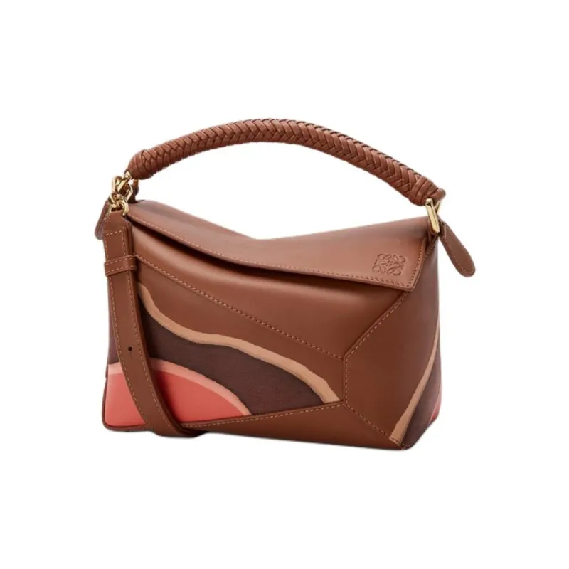 LOEWE Puzzle Calfskin Shoulder Bag, Crossbody Bag, Handbag Trumpets Women's Brown & Parrot Pink-0
