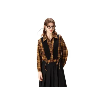 FENHONGMALI Shirt Women's Yellow Plaid