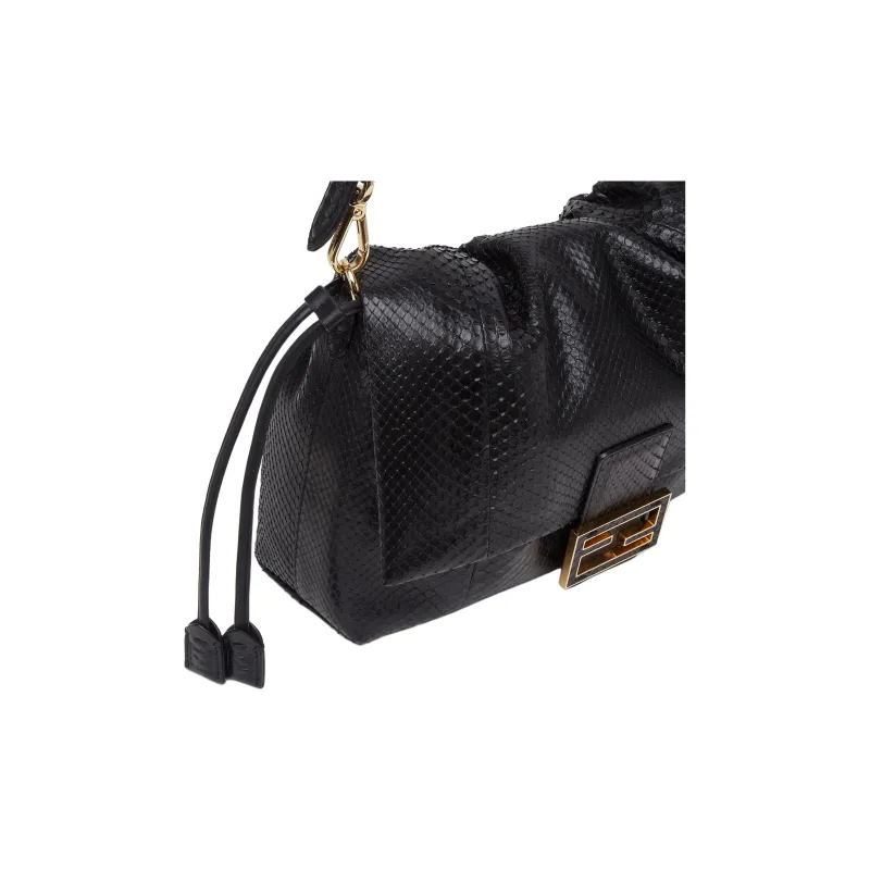 FENDI Baguette Leather Handbag Shoulder Bag Medium Size Women's Black-4